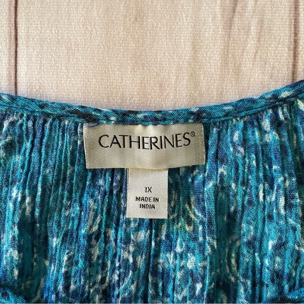 Catherines Tunic Top Women’s 1X Blue Paisley Tassel Tie Sequin Slit Lightweight - Picture 10 of 15